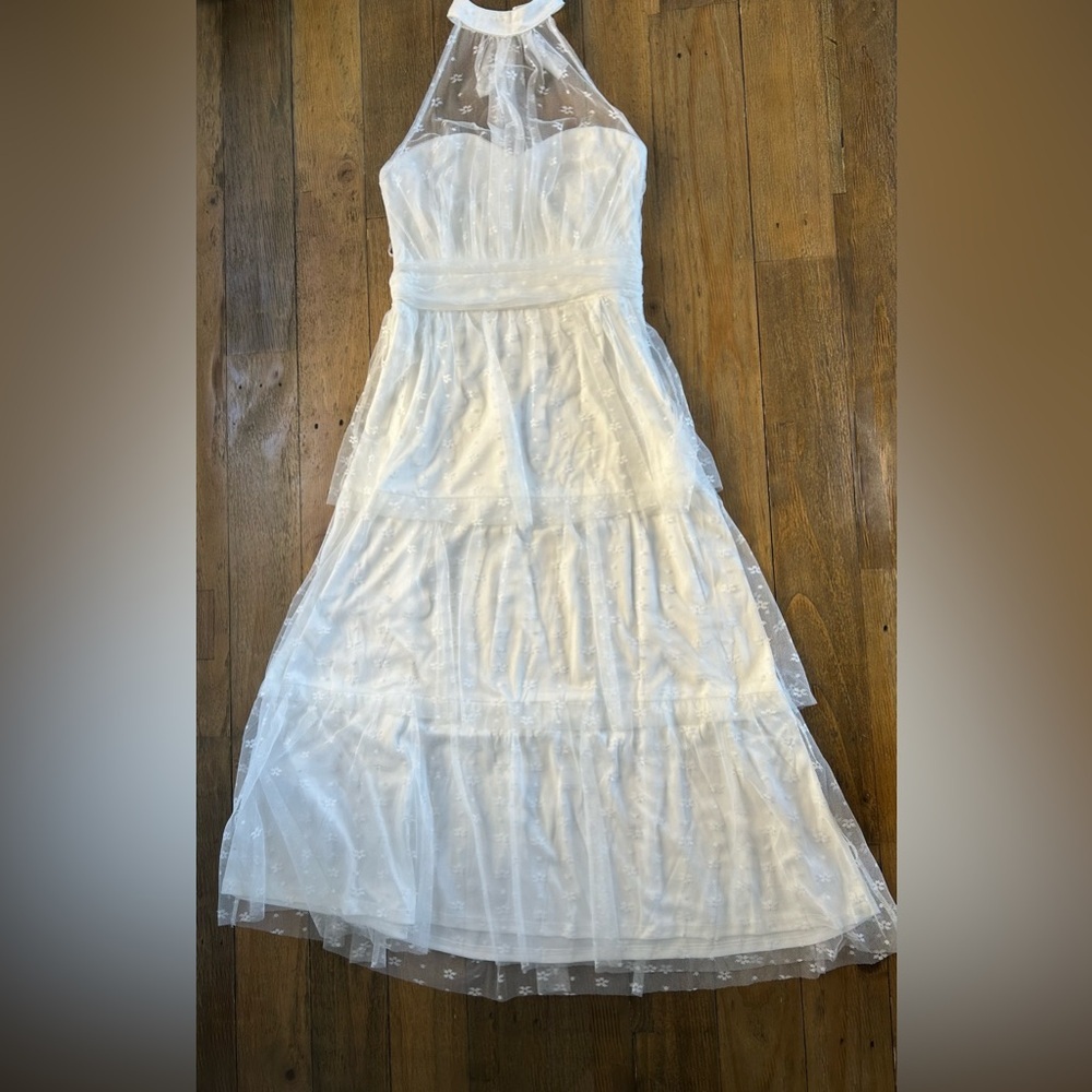 LULUS Positively Precious White Floral Mesh Tiered Halter Midi Dress A-line - Picture 5 of 10